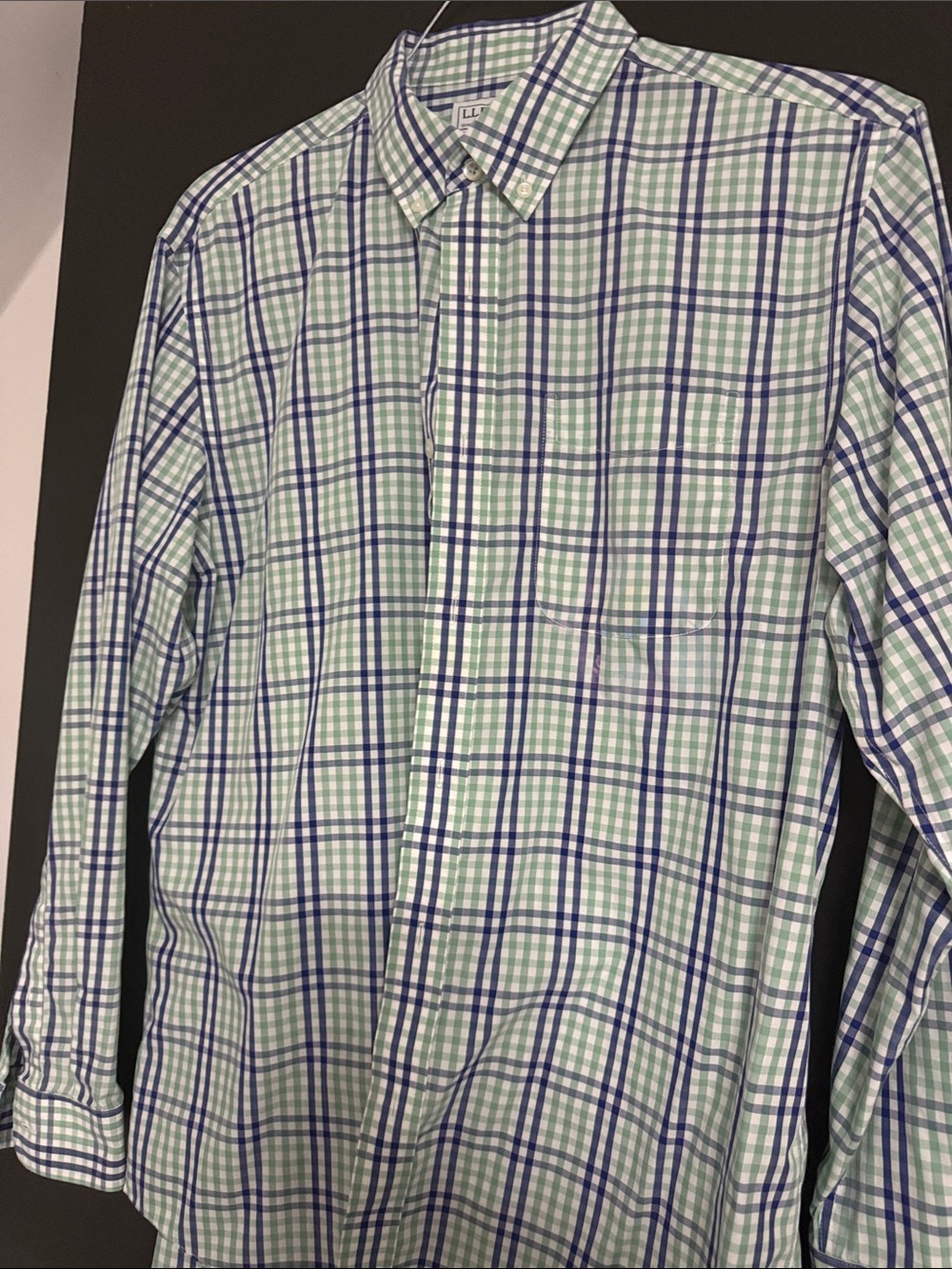 L.L. Bean Mint Green and Navy Plaid Button-Down Shirt